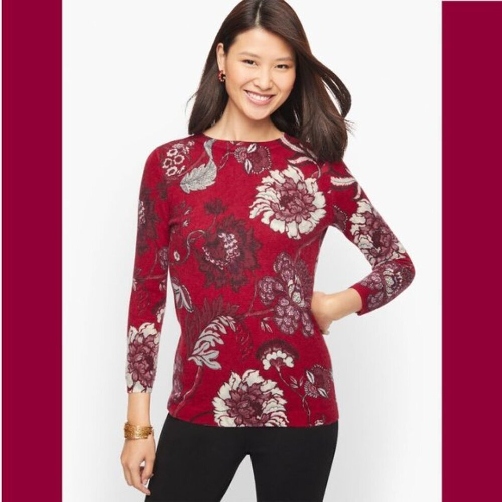 Talbots Petite Red Pure Cashmere Red Sweater Crew Neck Floral Top SP 3/4 Sleeve